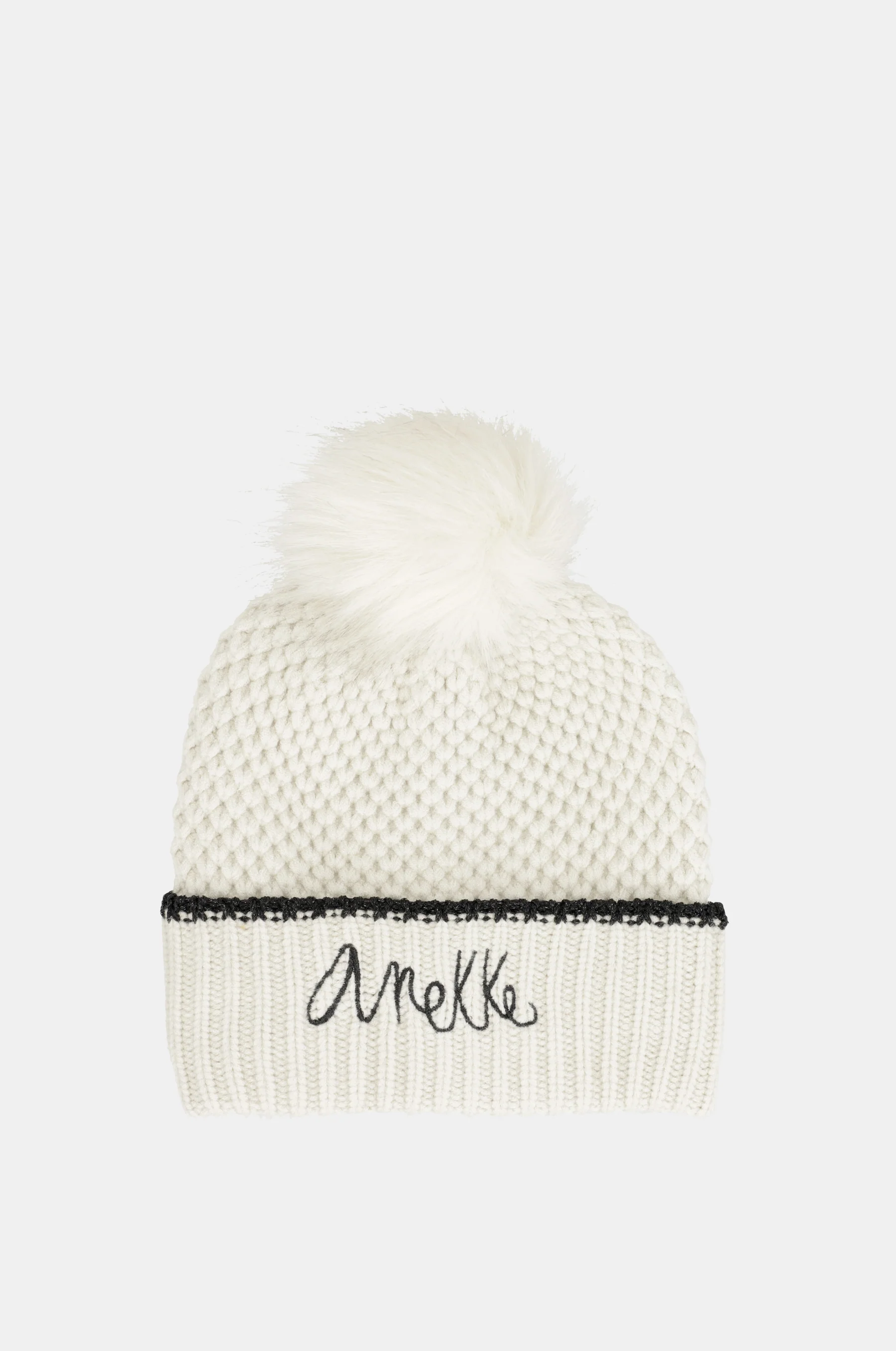 Beige Strickmütze mit Bommel