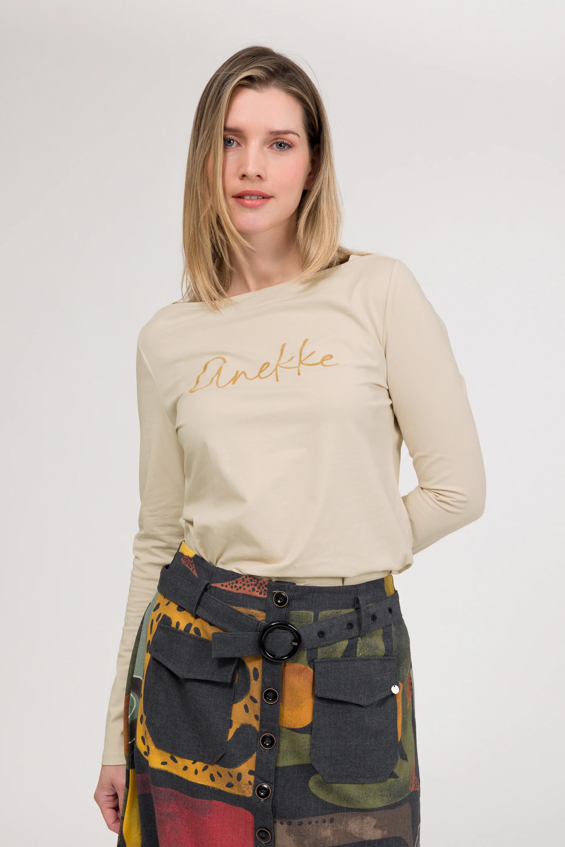 Beiges Langarm-T-Shirt mit Logo - Image 2