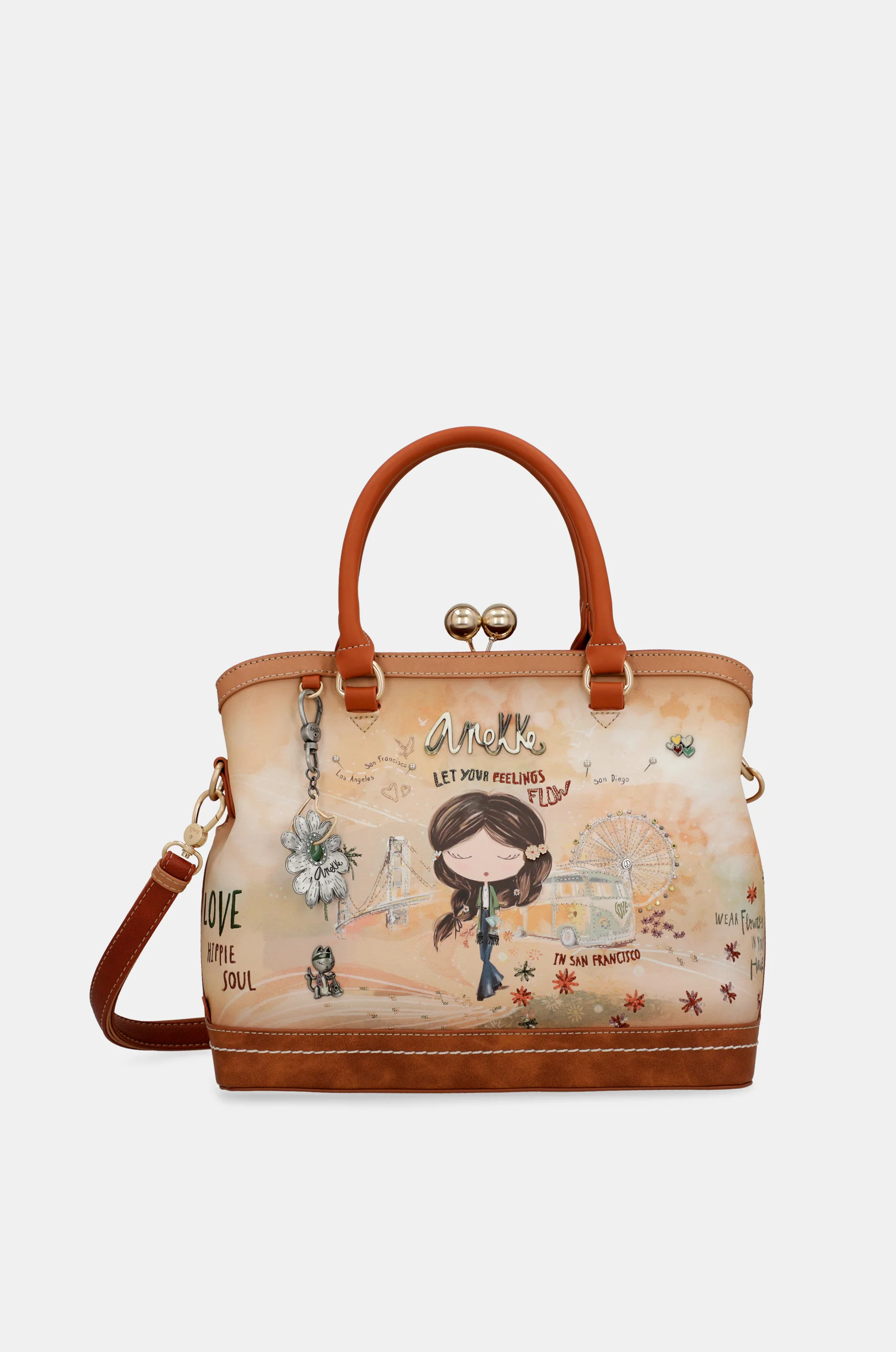 Peace & Love – Kamelfarbene Tasche mit Kussverschluss