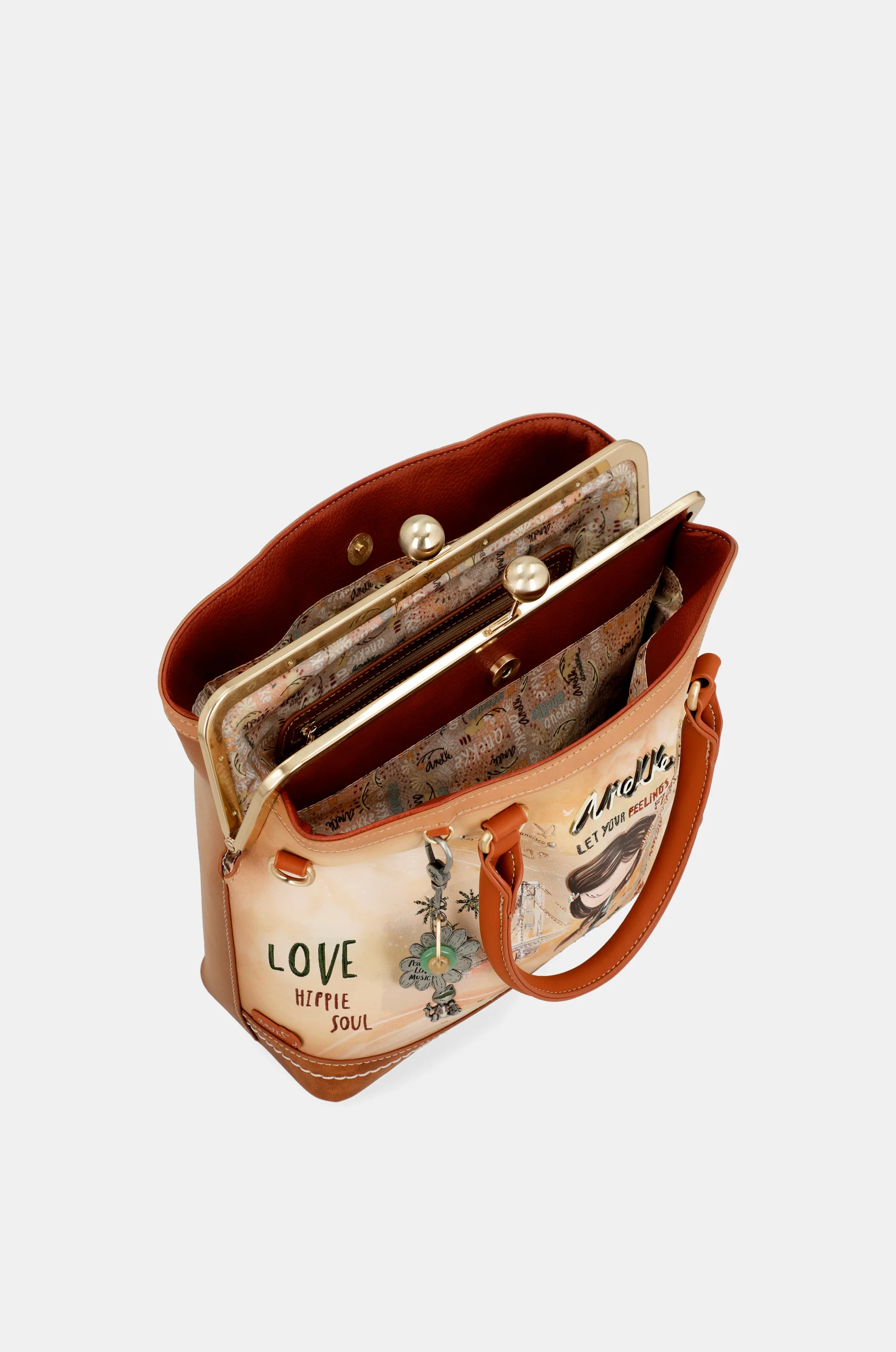 Peace & Love – Kamelfarbene Tasche mit Kussverschluss - Image 5