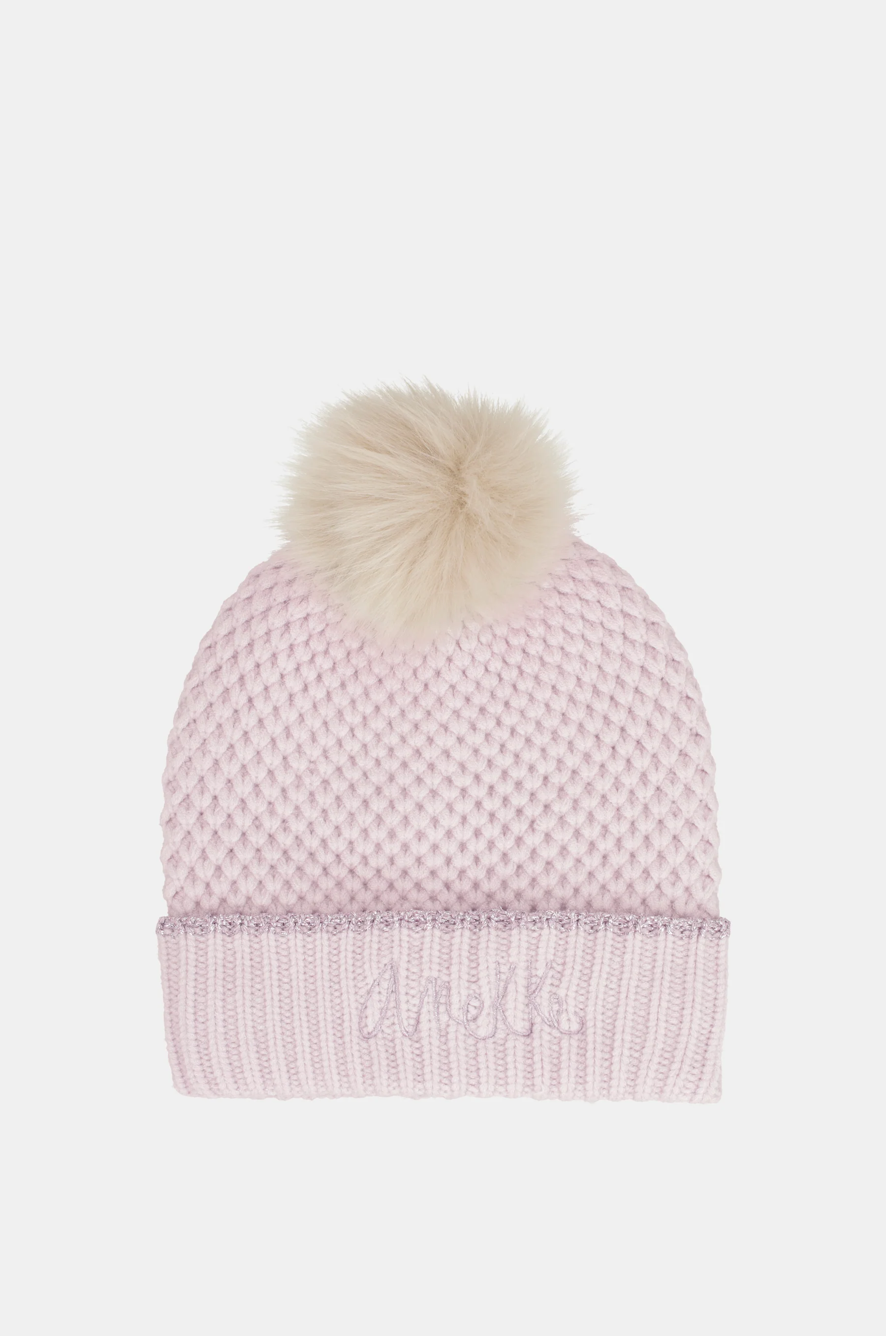Gestrickte Beanie mit rosa Pompom